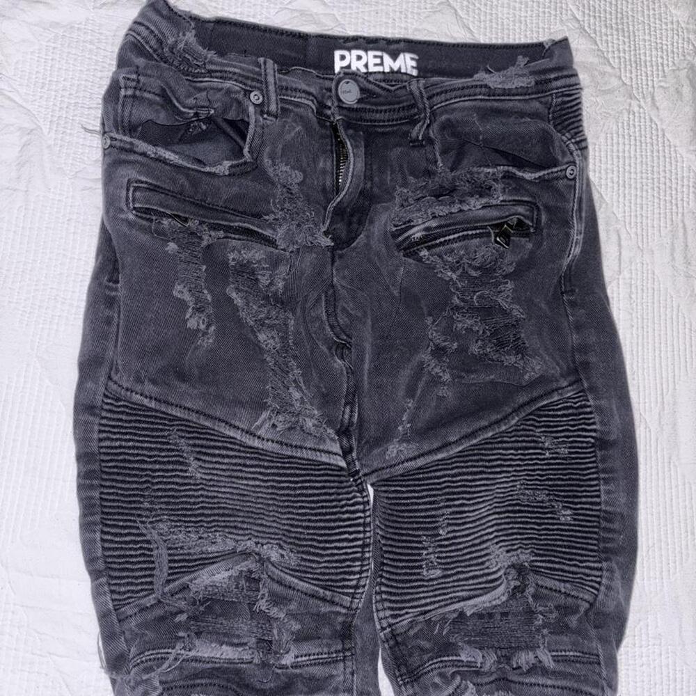 Preme distressed biker-style denim shorts in a washed black/dark grey finish.